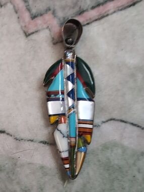Multi-Color Inlay 2 Sided Feather Pendant Necklace